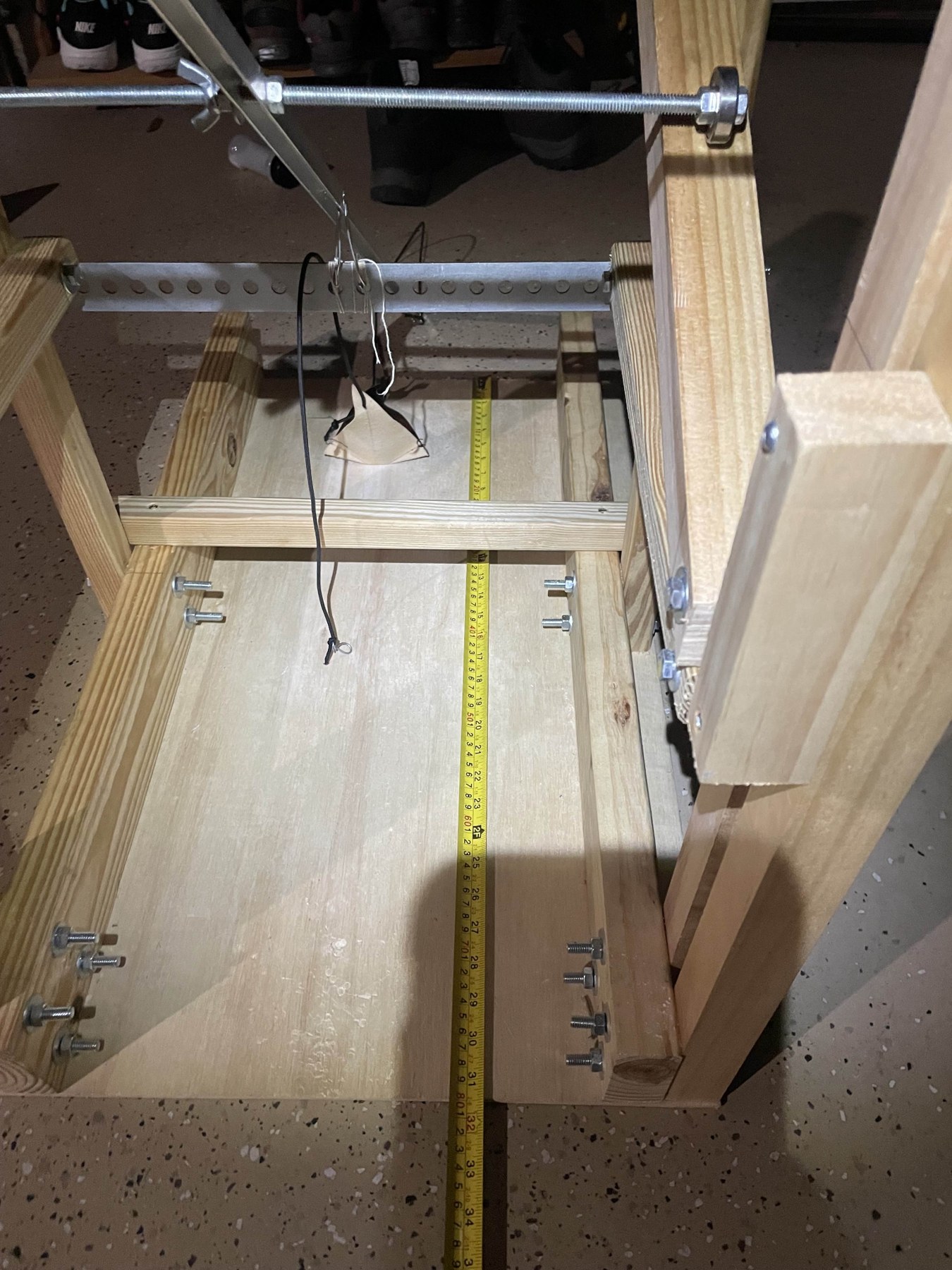 Top view of the built trebuchet frame and launch mechanism
